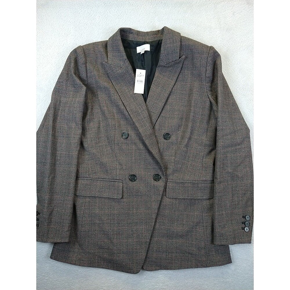 NEW Loft Plaid Long Double Breasted Blazer Women's 10 Brown Plaid Houdstooth